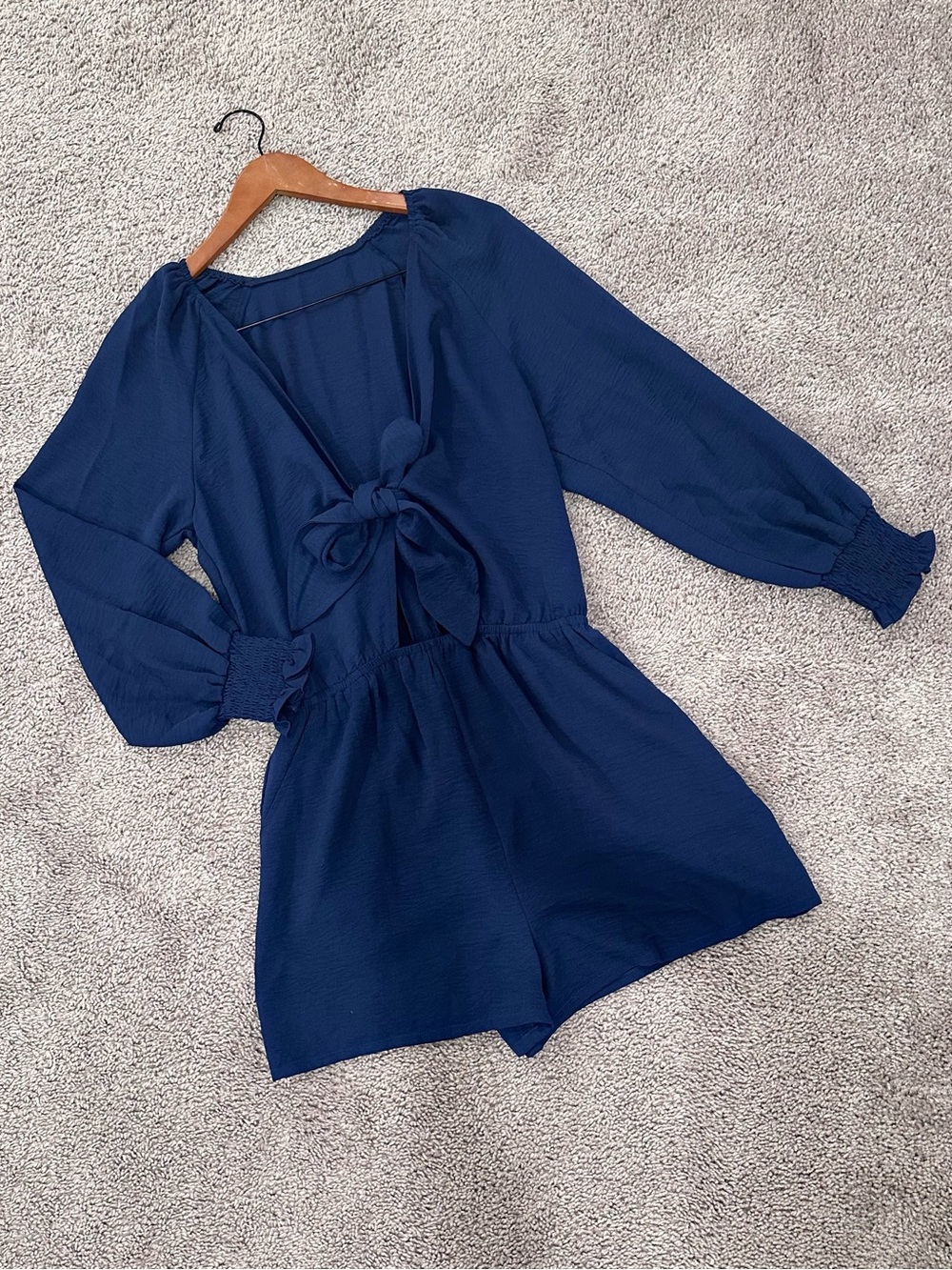 Navy Tie-Front Long Sleeve Romper